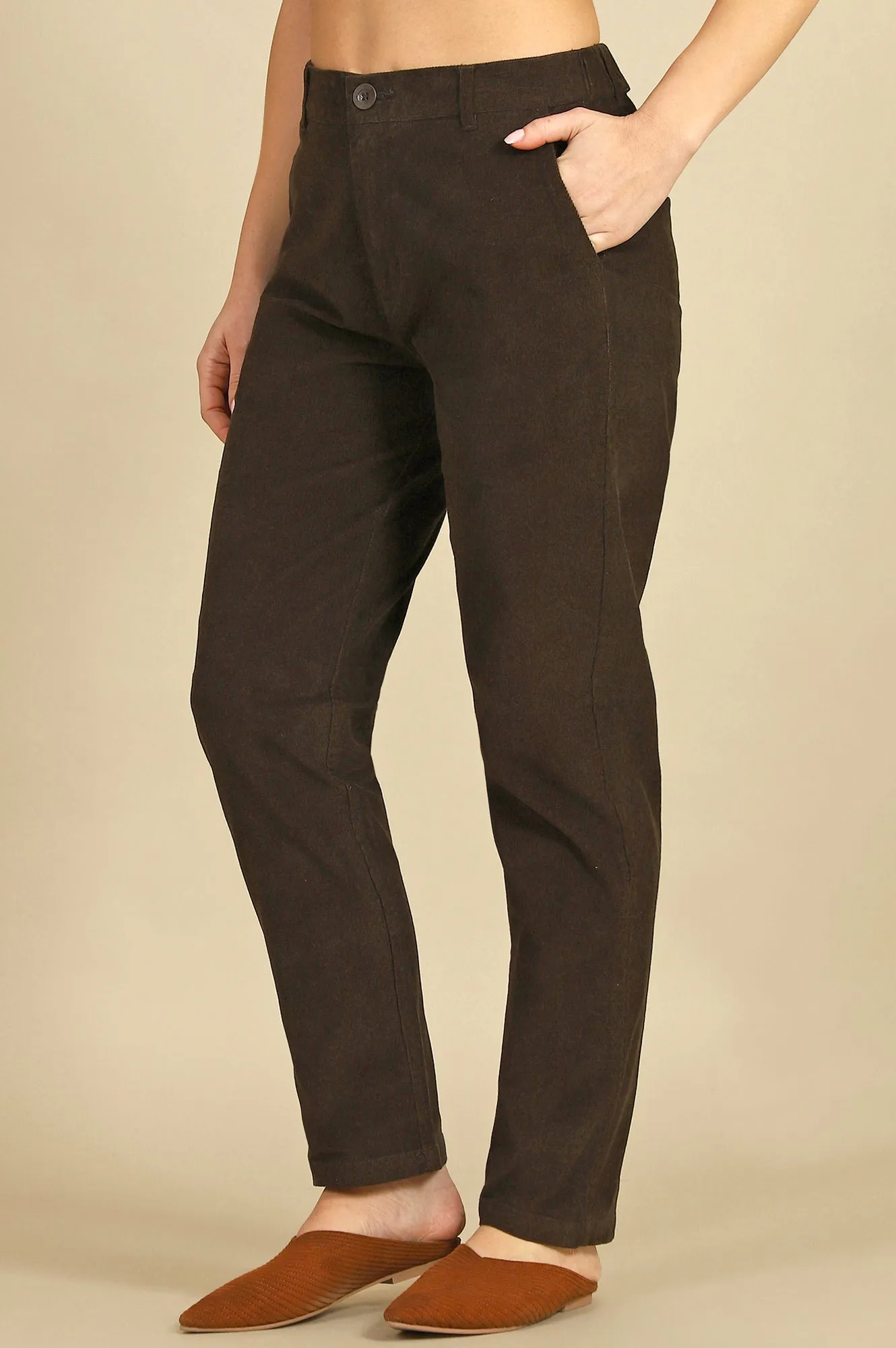 Green Solid Cotton Blend Straight Pants