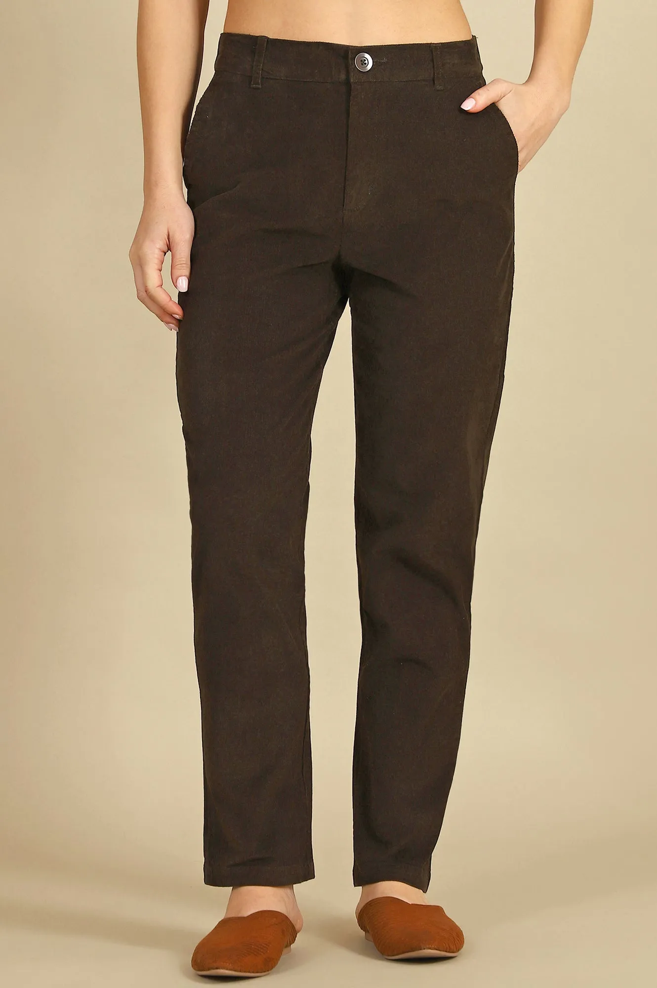 Green Solid Cotton Blend Straight Pants