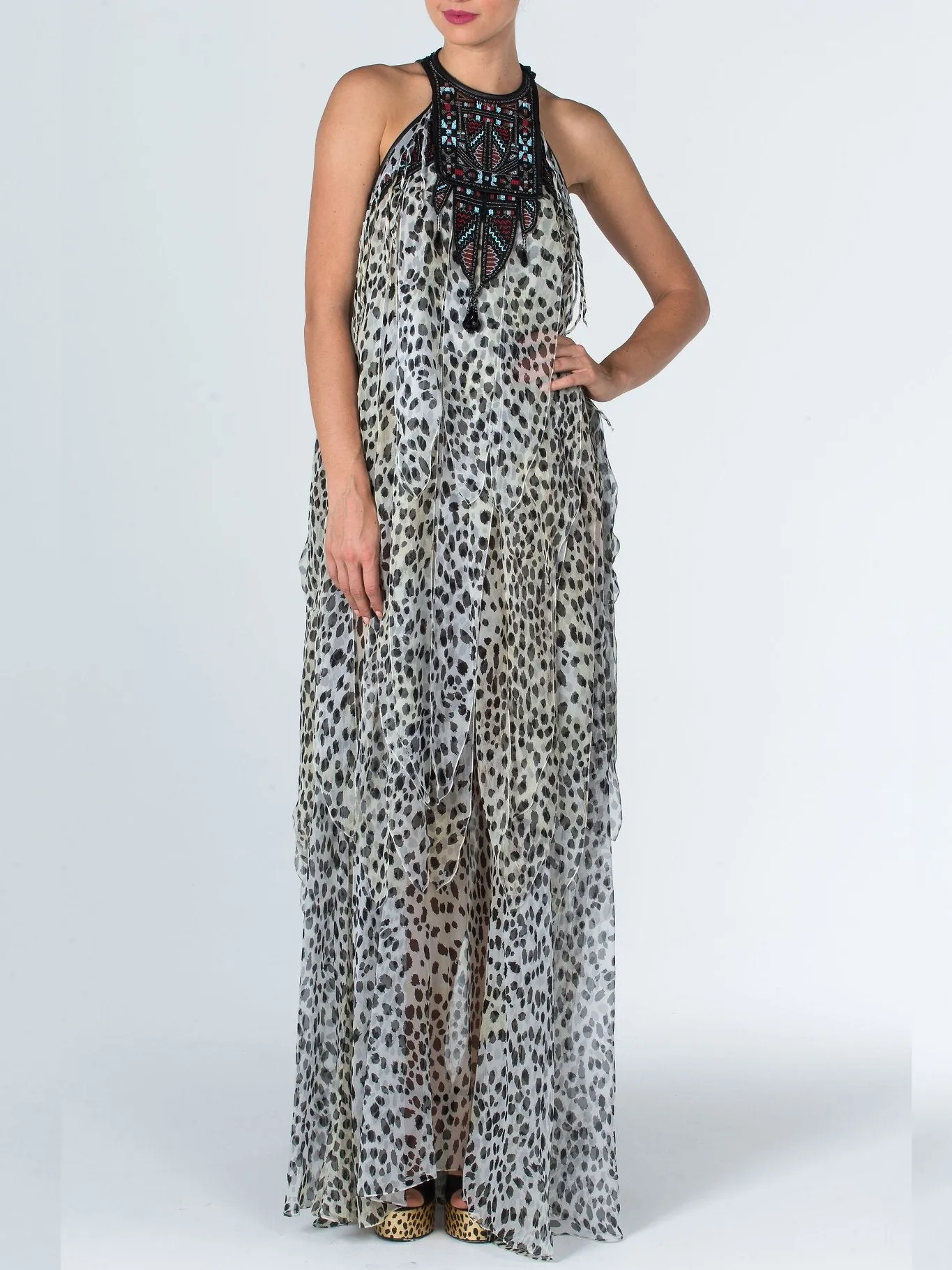 Halter Neck Animal Print Chiffon Dress