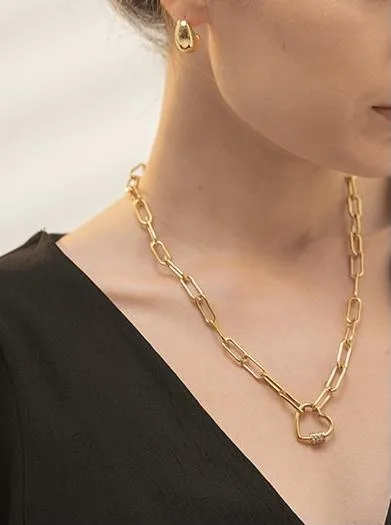 Heart Link Paperclip Necklace Gold