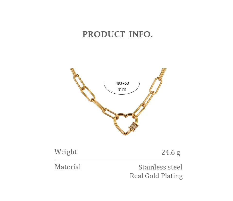 Heart Link Paperclip Necklace Gold