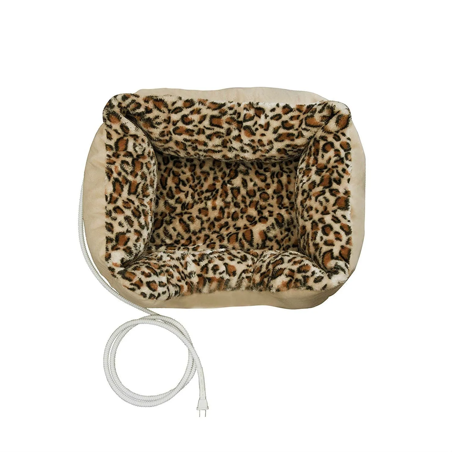 Heated Pet Bed for Small Dog or Cat with Leopard Print Padded Cushion