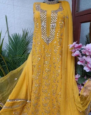 Heavy  Designer Yellow Chikankari Gota Salwar Suit Fabric(unstitched)