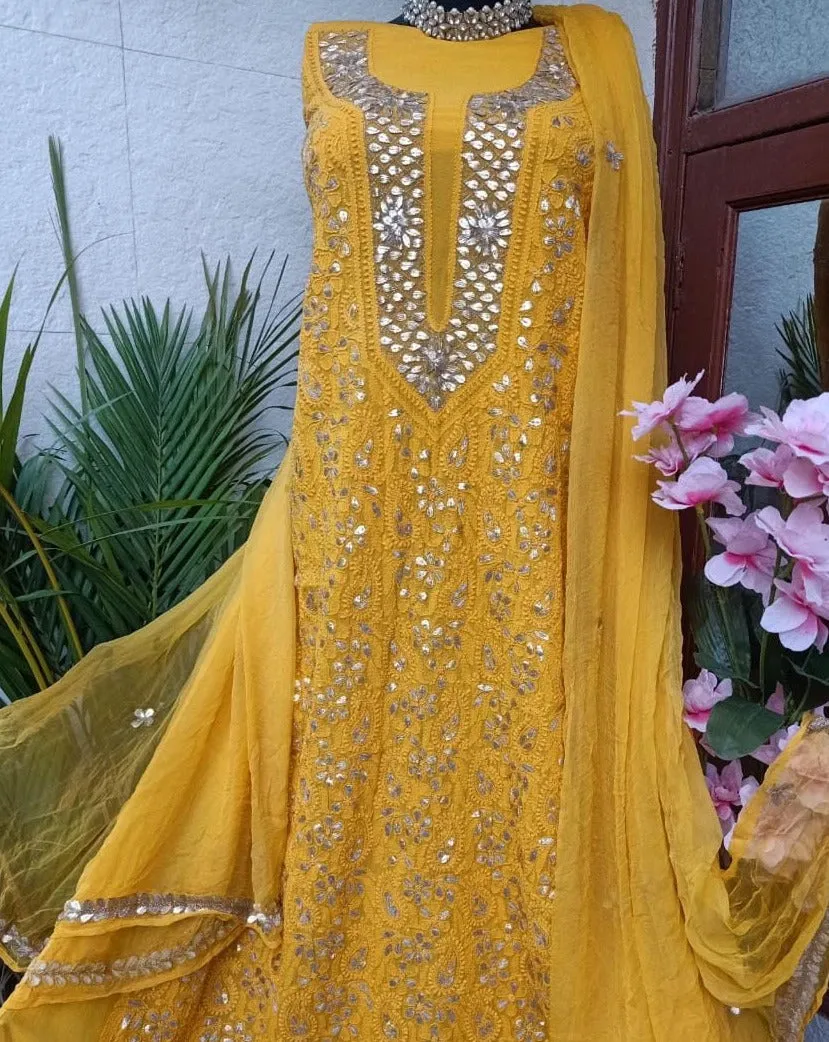 Heavy  Designer Yellow Chikankari Gota Salwar Suit Fabric(unstitched)