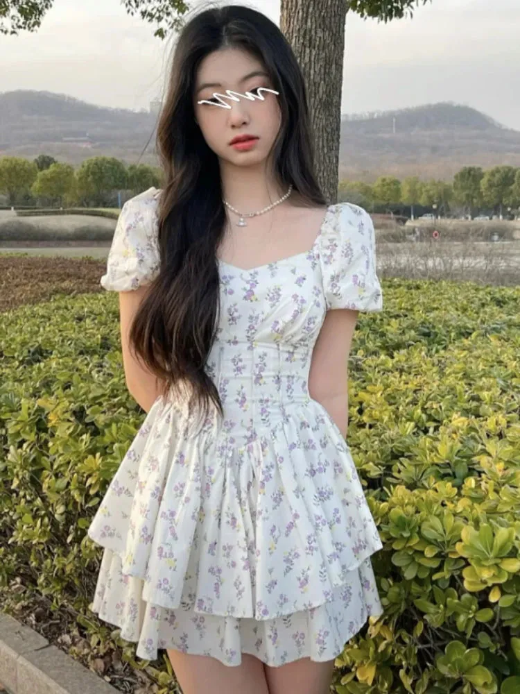 High Waist Floral Mini Dress with Puff Sleeves