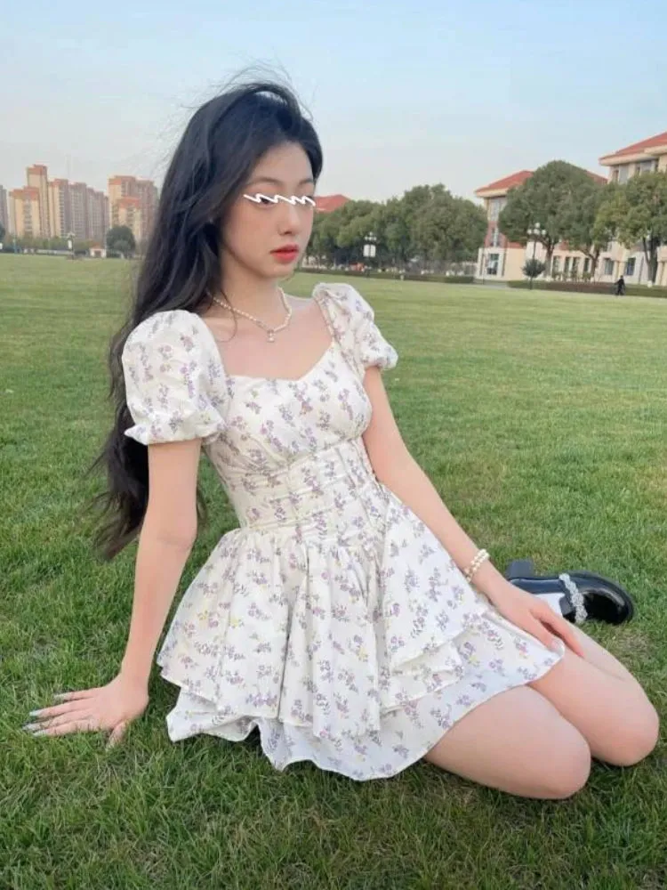 High Waist Floral Mini Dress with Puff Sleeves