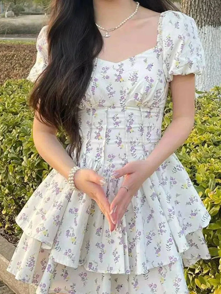 High Waist Floral Mini Dress with Puff Sleeves