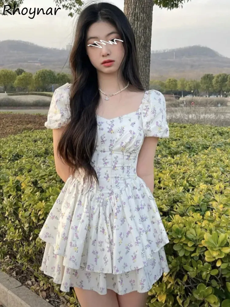 High Waist Floral Mini Dress with Puff Sleeves