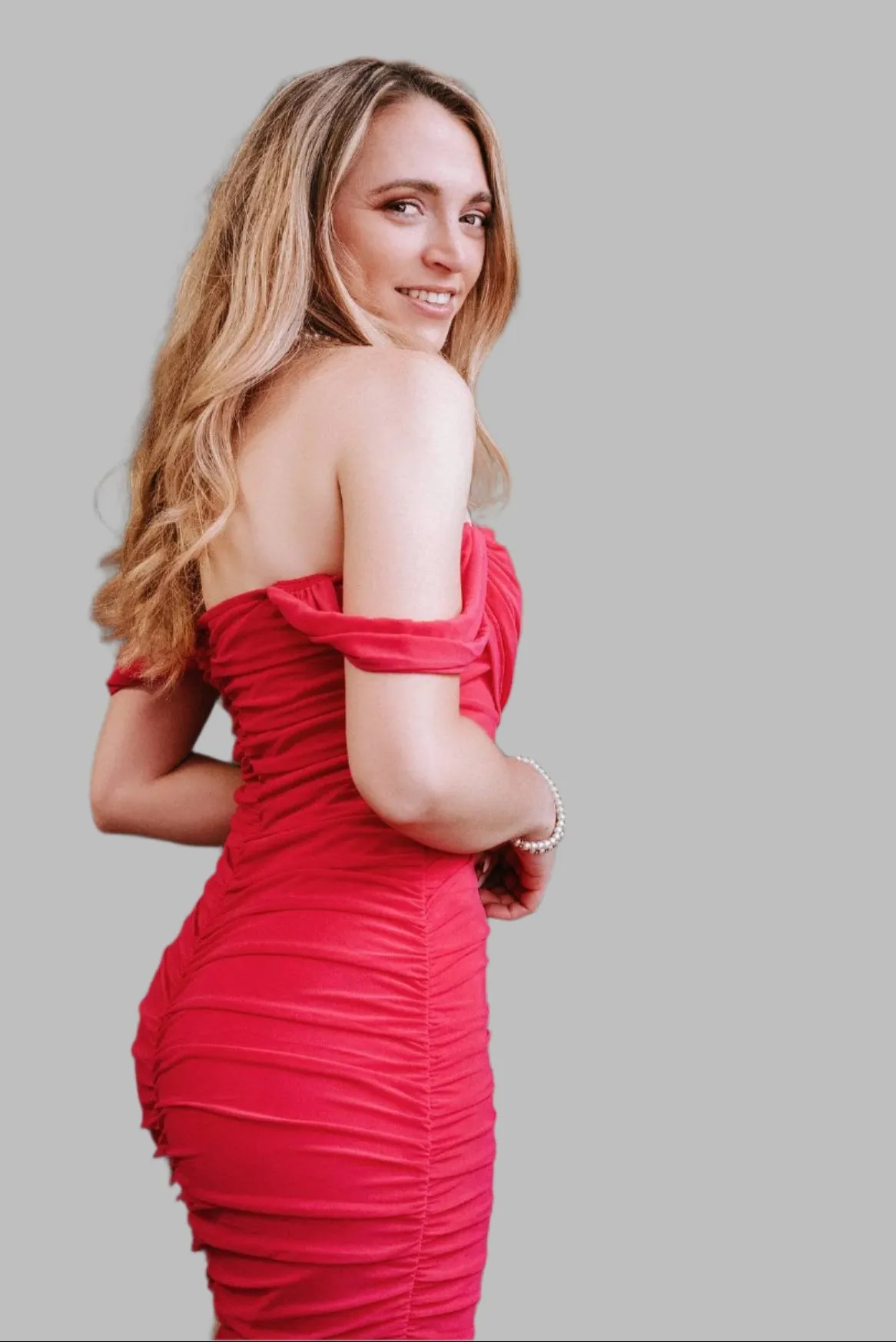 Hot Pink Chiffon Ruched Off-Shoulder Dress