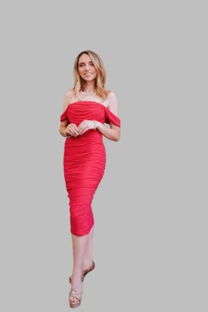 Hot Pink Chiffon Ruched Off-Shoulder Dress