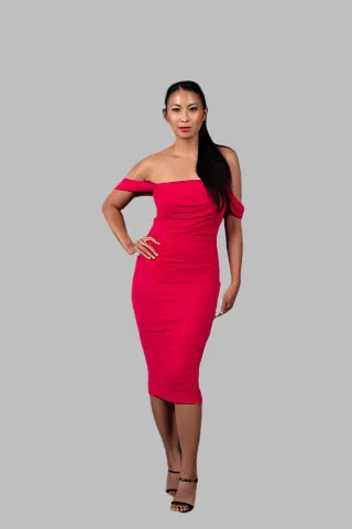 Hot Pink Chiffon Ruched Off-Shoulder Dress