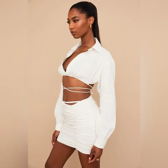 House of CB London Emmy Folded Waist Mini Skirt in Off White Size Small Ruched