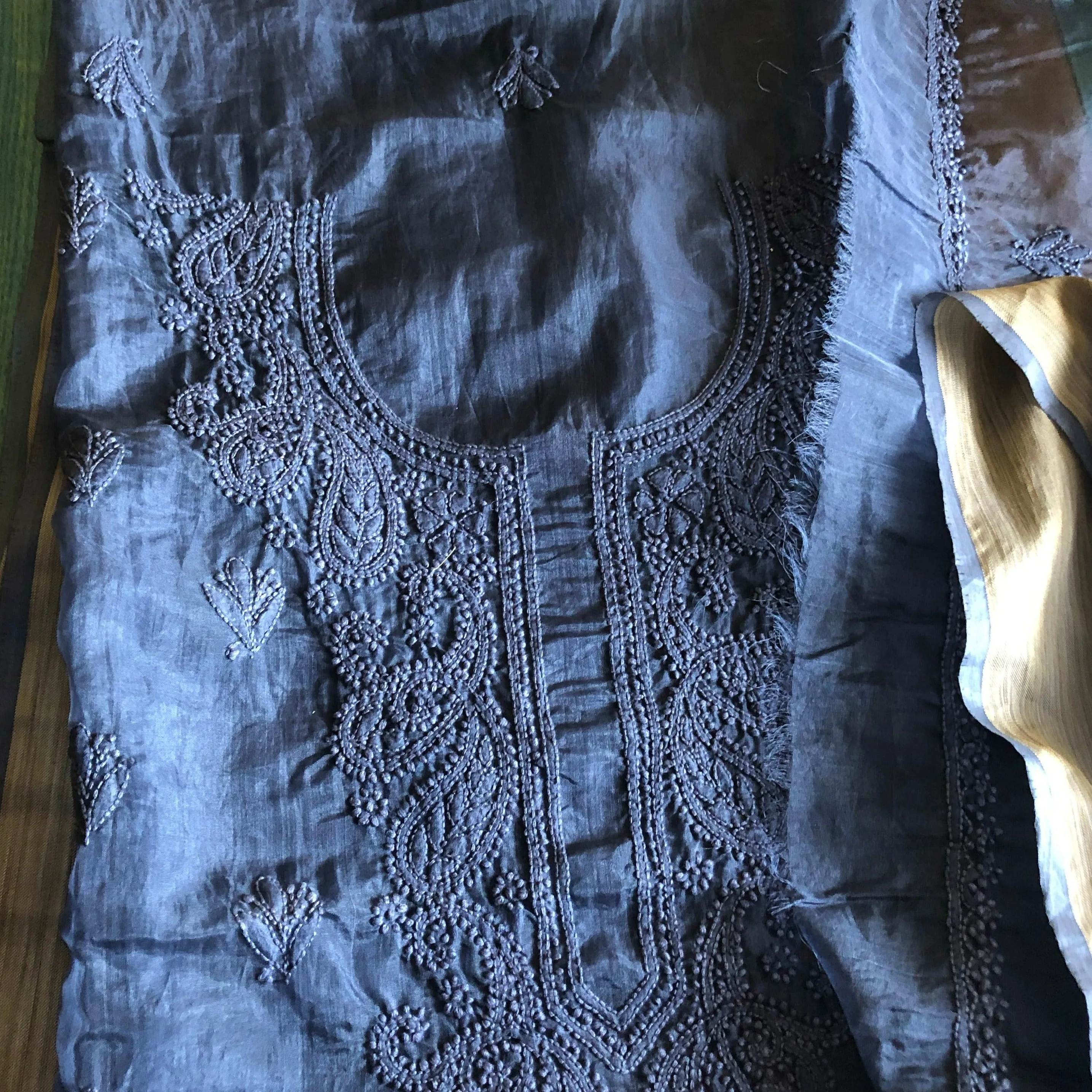 Indigo Blue Organza Chikan work Salwar Suit unstitched fabric