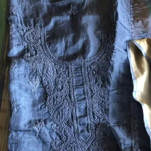 Indigo Blue Organza Chikan work Salwar Suit unstitched fabric