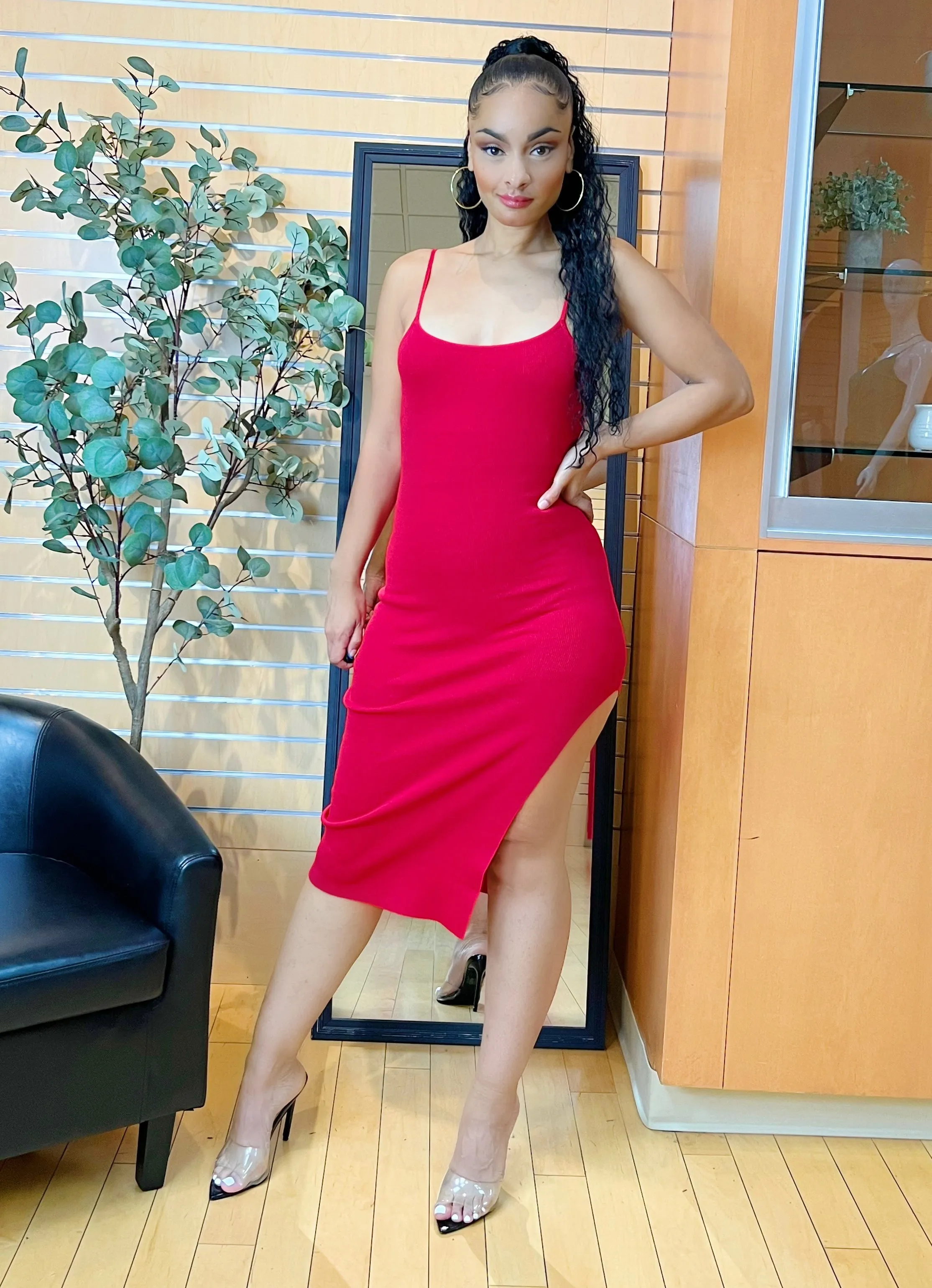 Jessica Side Slit Midi Dress (Red)