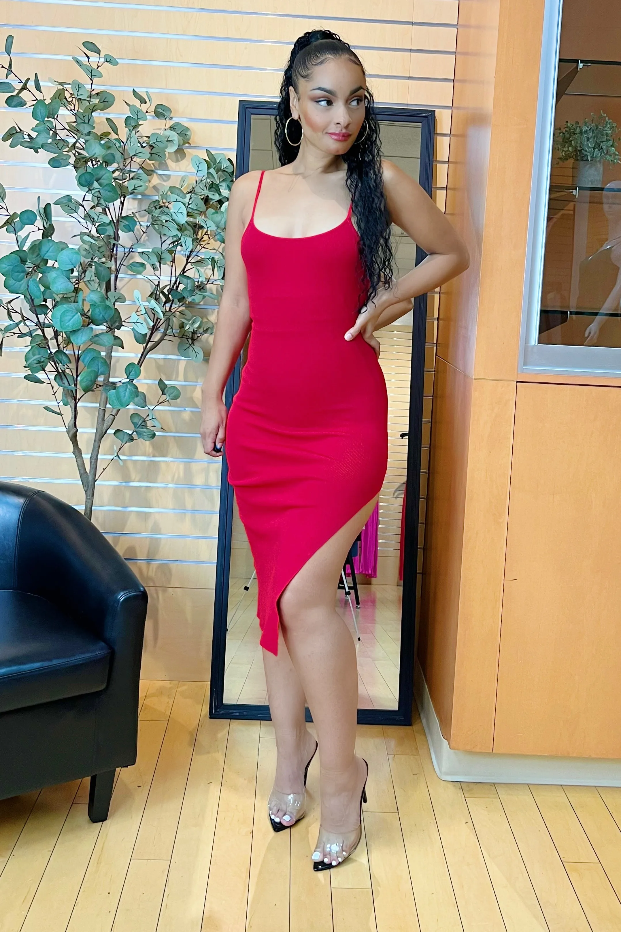 Jessica Side Slit Midi Dress (Red)