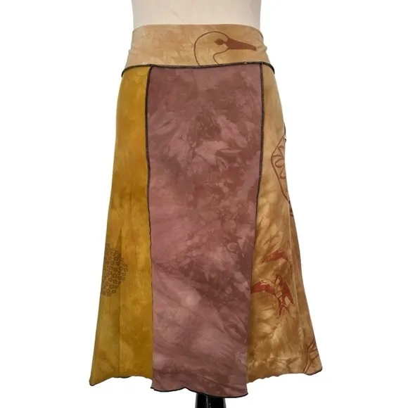 JUDE STUECKER Fiber Art Artsy Knit SKIRT S New Organic Silk Screen Tie Dye Bird﻿
