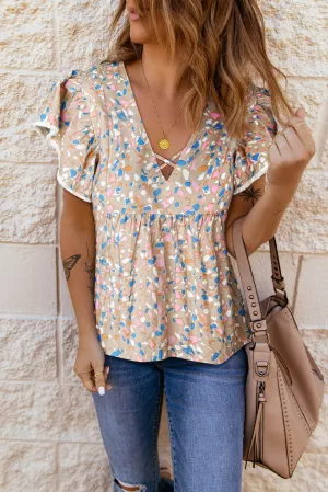 Khaki Printed Crisscross Decor V Neck Flutter Sleeve Dress