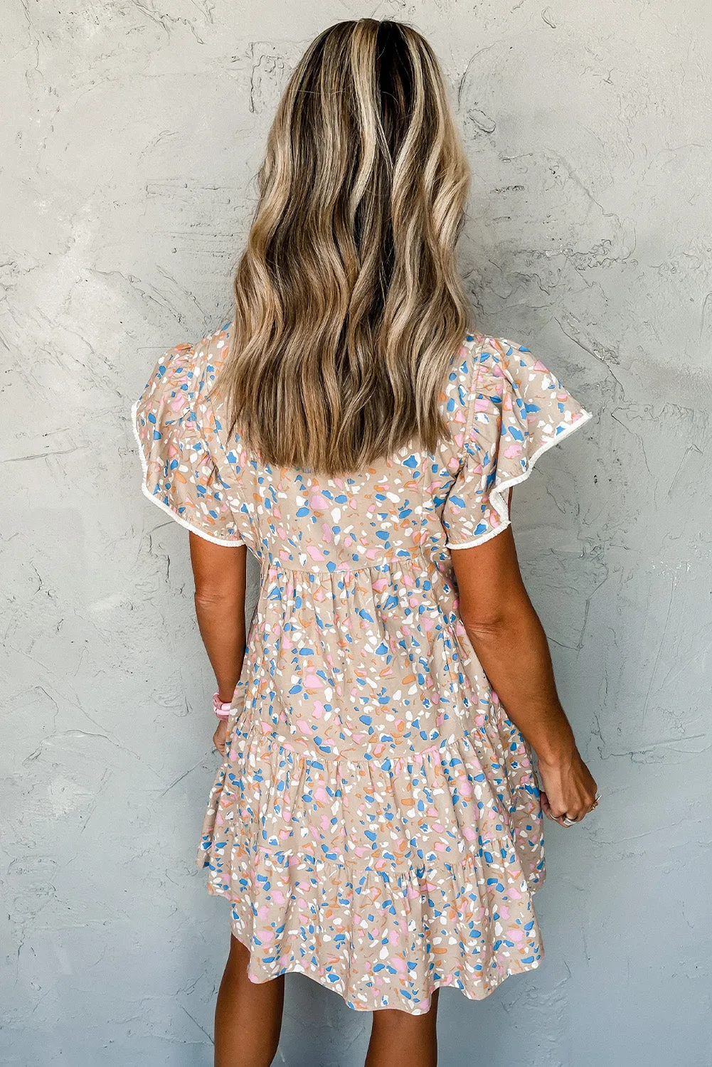 Khaki Printed Crisscross Decor V Neck Flutter Sleeve Dress