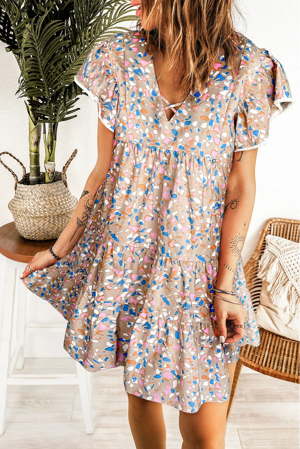 Khaki Printed Crisscross Decor V Neck Flutter Sleeve Dress