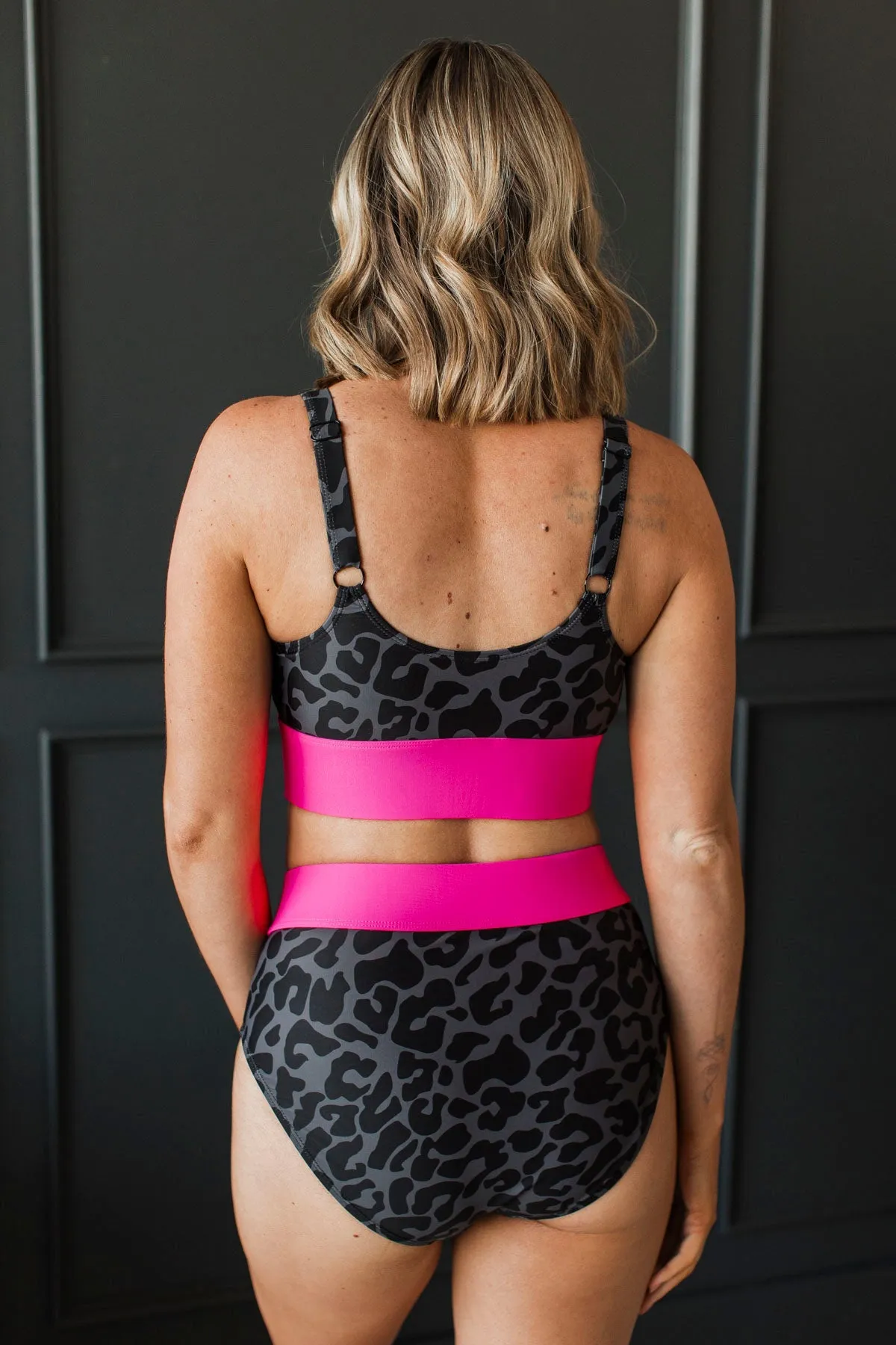 Kissed By The Sun Bikini Swim Top- Charcoal Leopard & Neon Pink