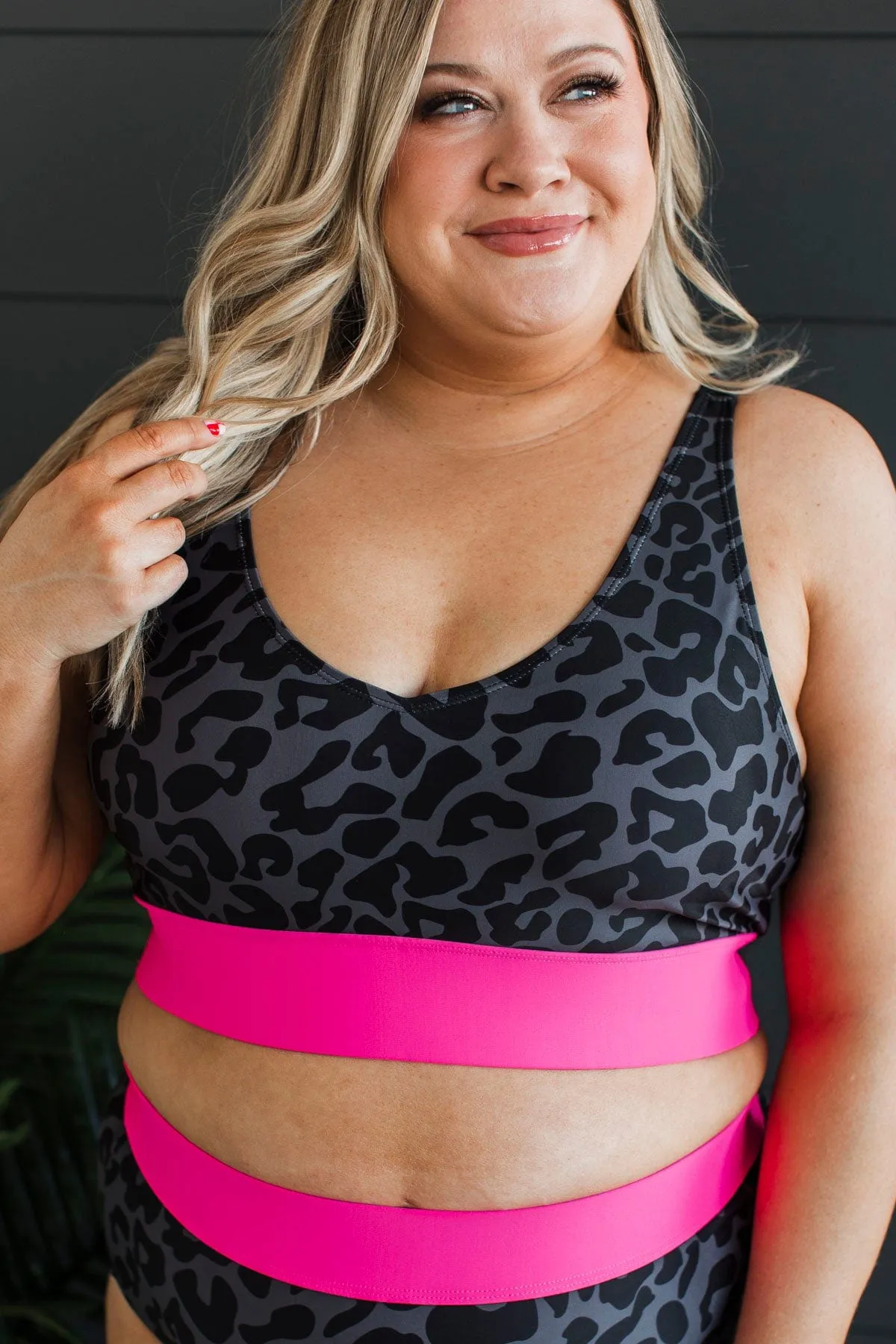 Kissed By The Sun Bikini Swim Top- Charcoal Leopard & Neon Pink