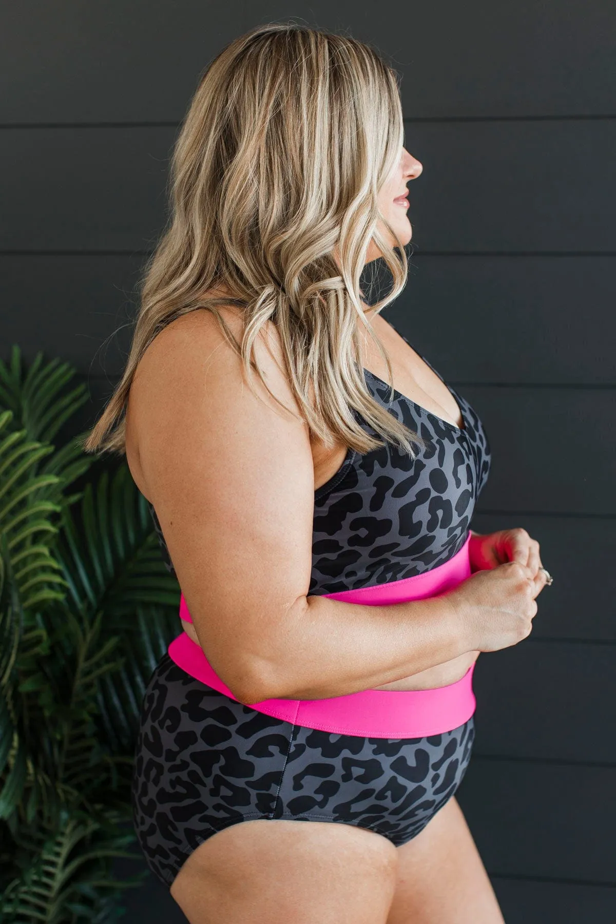 Kissed By The Sun Bikini Swim Top- Charcoal Leopard & Neon Pink
