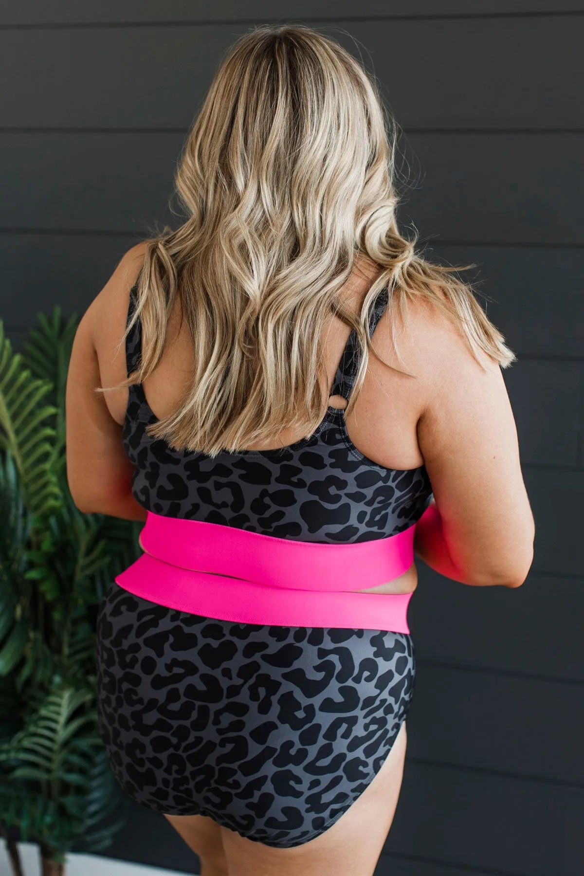 Kissed By The Sun Bikini Swim Top- Charcoal Leopard & Neon Pink