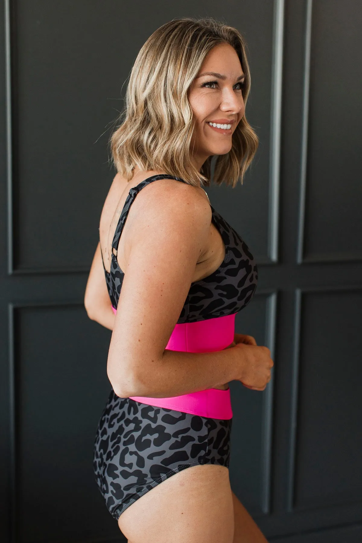 Kissed By The Sun Bikini Swim Top- Charcoal Leopard & Neon Pink
