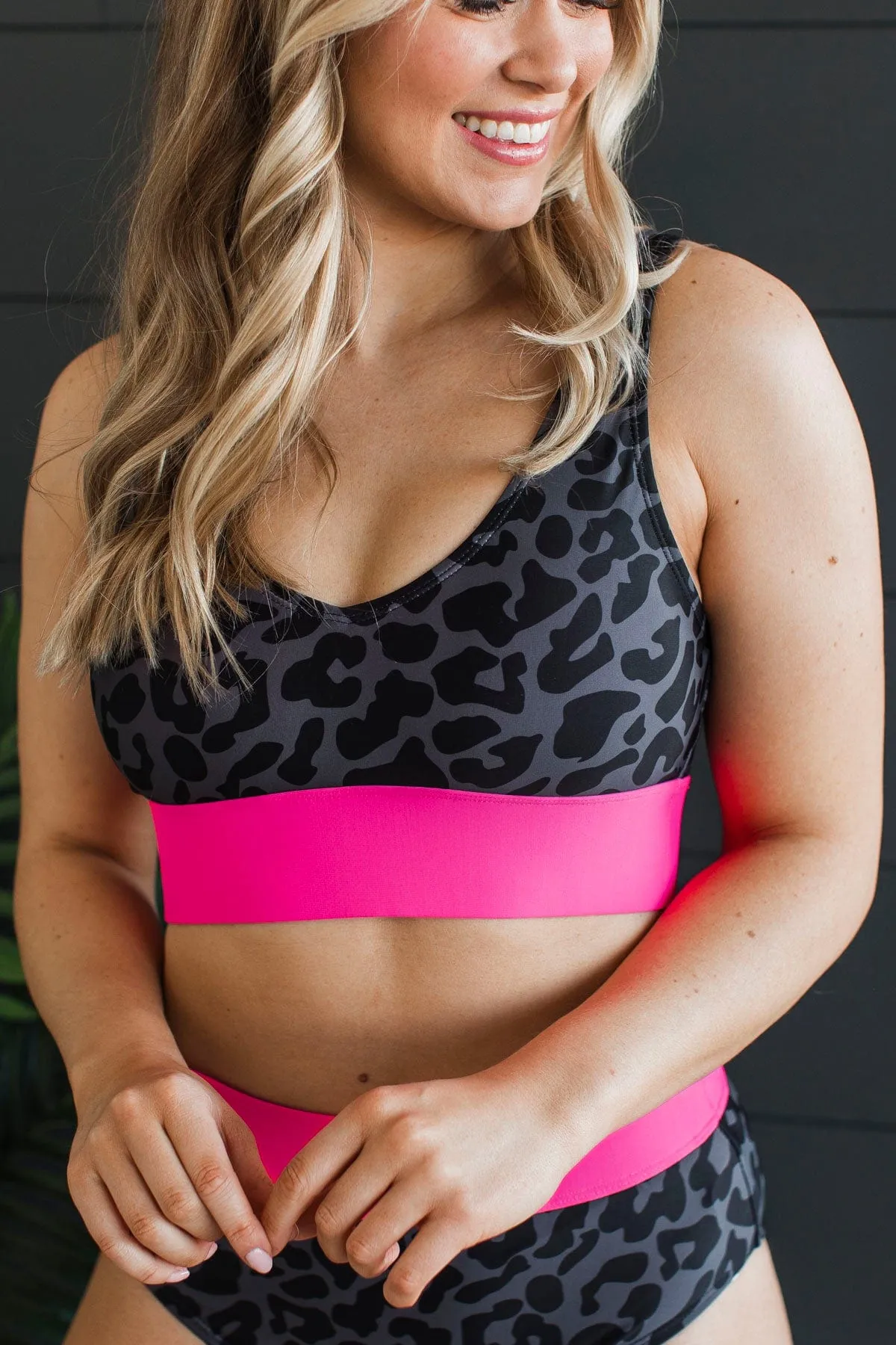 Kissed By The Sun Bikini Swim Top- Charcoal Leopard & Neon Pink