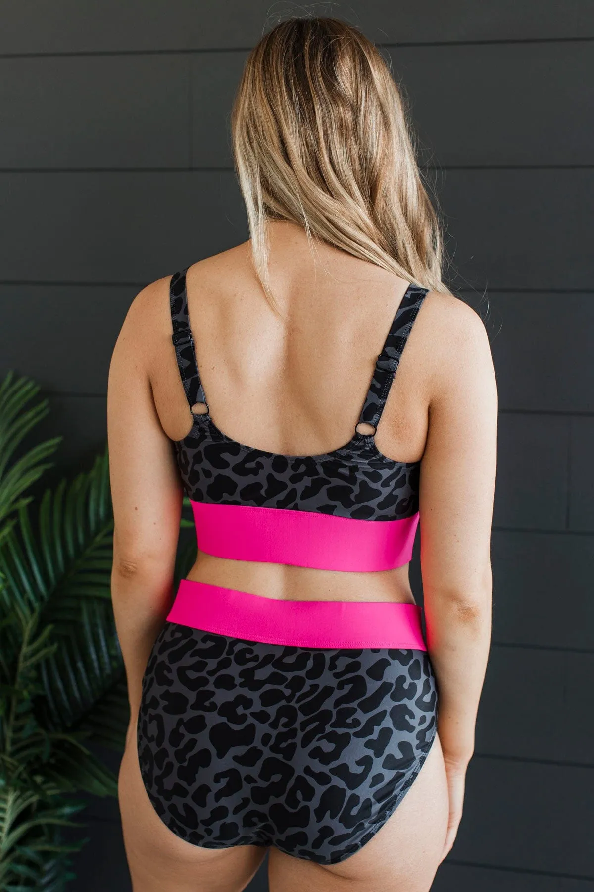 Kissed By The Sun Bikini Swim Top- Charcoal Leopard & Neon Pink