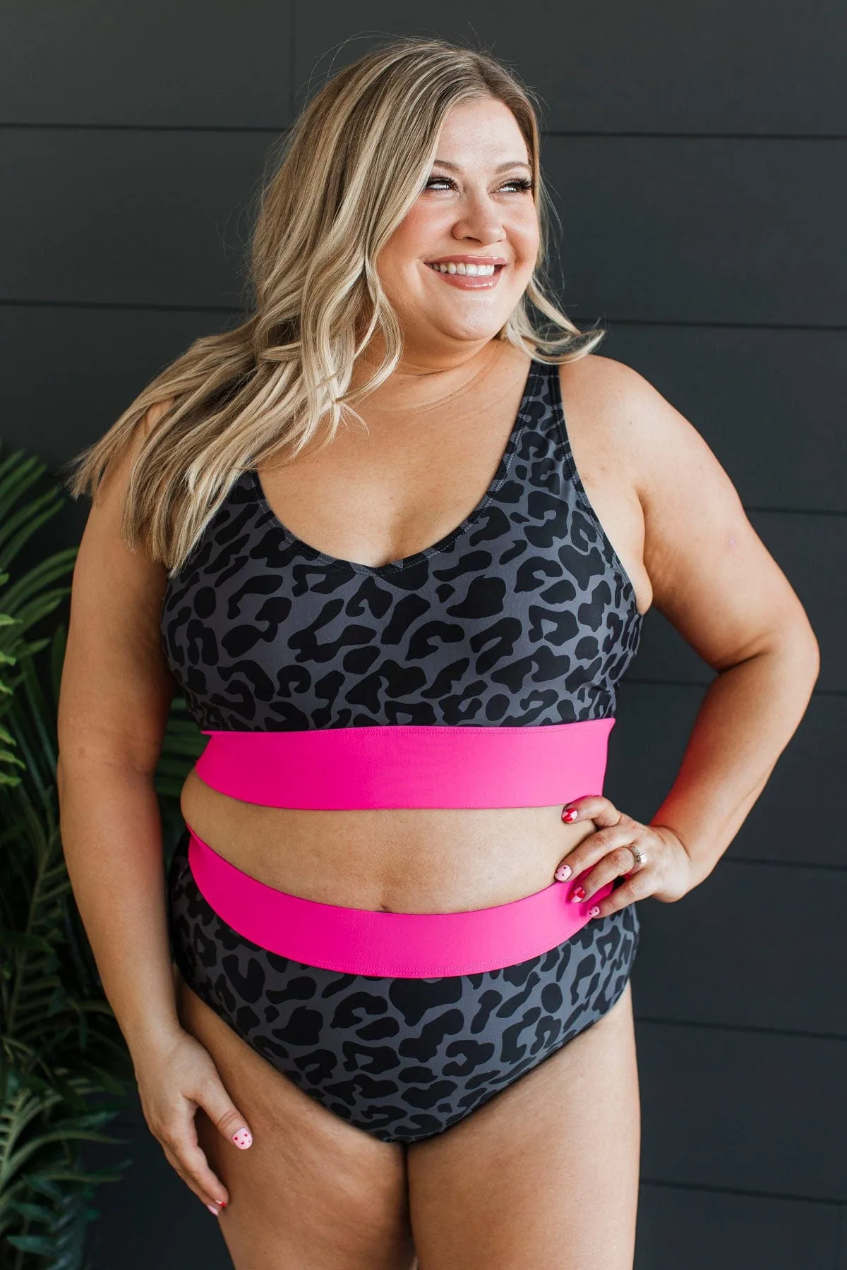 Kissed By The Sun Bikini Swim Top- Charcoal Leopard & Neon Pink