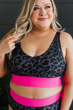 Kissed By The Sun Bikini Swim Top- Charcoal Leopard & Neon Pink