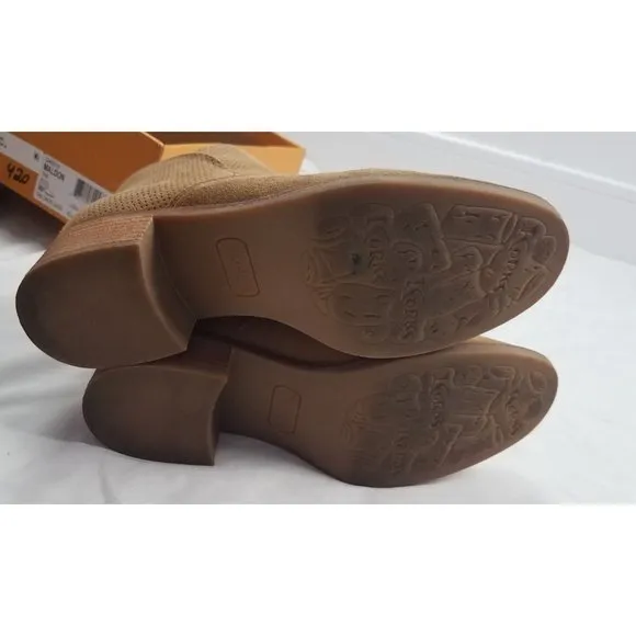 Korks Women's Sz. 8 Maldon Suede Tan Ankle Booties Stacked Heel