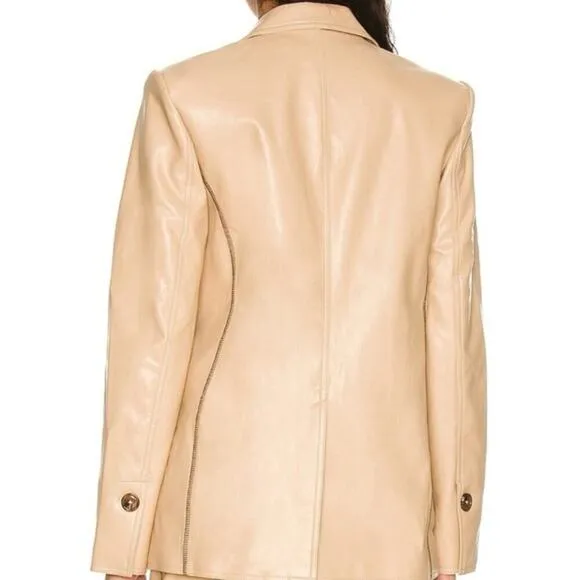 L'Academie Leena Blazer in Beige Faux Leather with Contrast Stitching Size XS