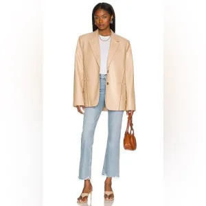 L'Academie Leena Blazer in Beige Faux Leather with Contrast Stitching Size XS