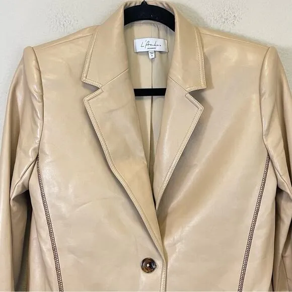 L'Academie Leena Blazer in Beige Faux Leather with Contrast Stitching Size XS