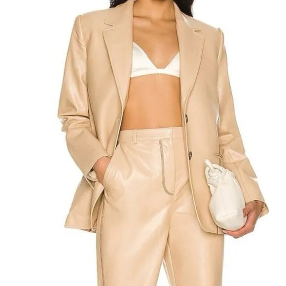 L'Academie Leena Blazer in Beige Faux Leather with Contrast Stitching Size XS