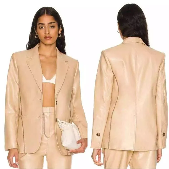 L'Academie Leena Blazer in Beige Faux Leather with Contrast Stitching Size XS