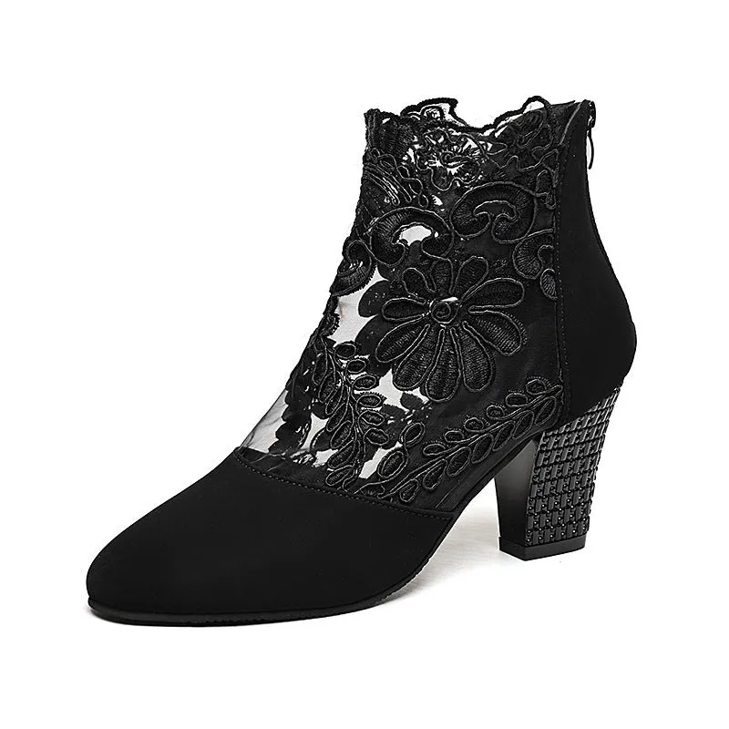 LaceVibe Chunky Heel Ankle Heels