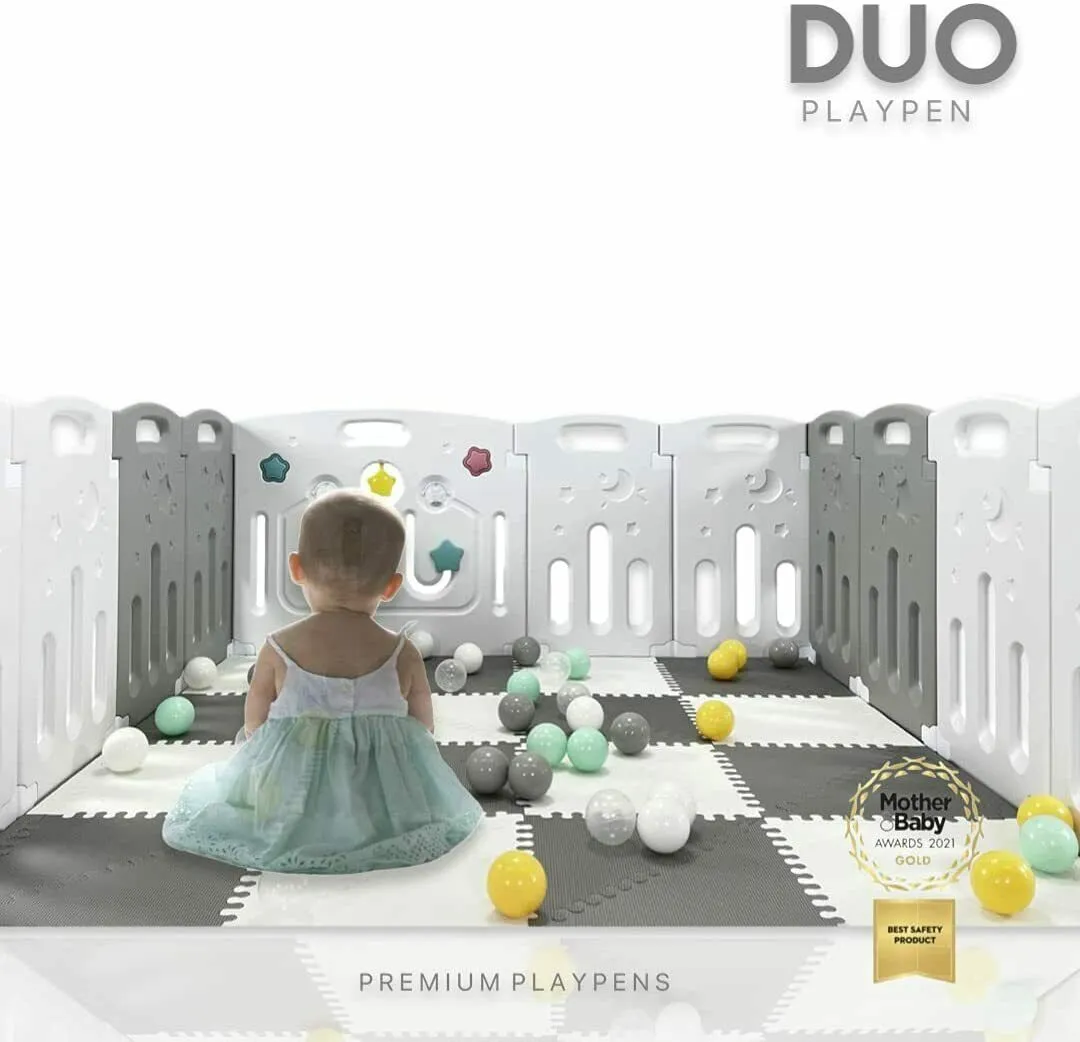 Large Award-winning 14 Panel Non-Toxic | Recyclable Foldable Baby Playpen and Ball Pool | Modular | White & Grey