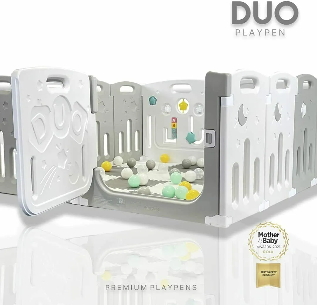 Large Award-winning 14 Panel Non-Toxic | Recyclable Foldable Baby Playpen and Ball Pool | Modular | White & Grey
