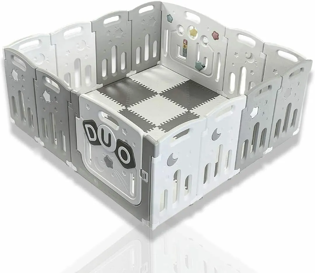Large Award-winning 14 Panel Non-Toxic | Recyclable Foldable Baby Playpen and Ball Pool | Modular | White & Grey