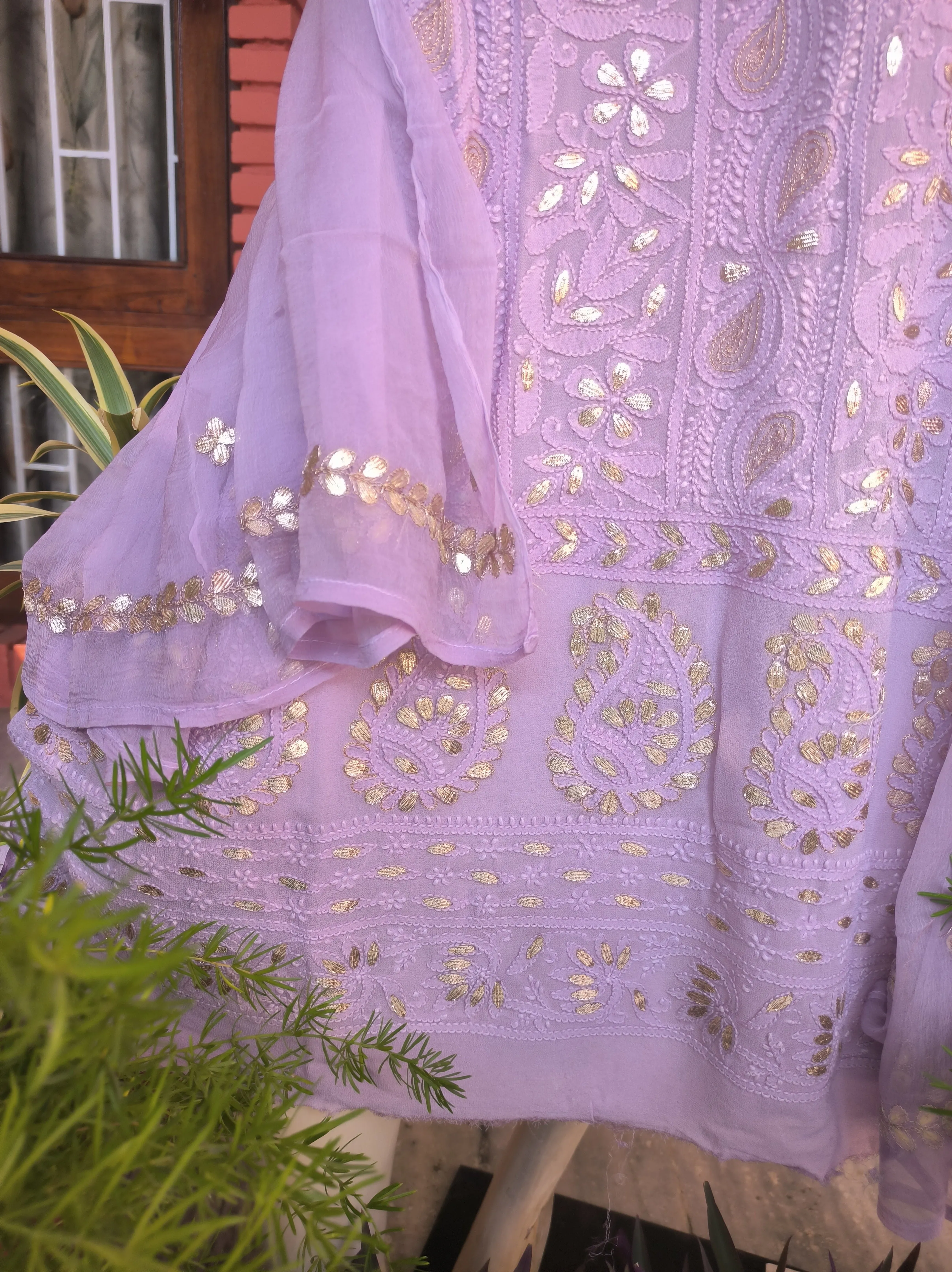 Lavender purple Lucknowi Chikankari Gota Patti Salwar Suit(Dress Material)