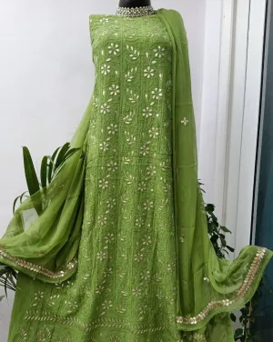 Leaf Green Viscose Georgette fancy Chikan work Gota patti unstitched salwar suit online
