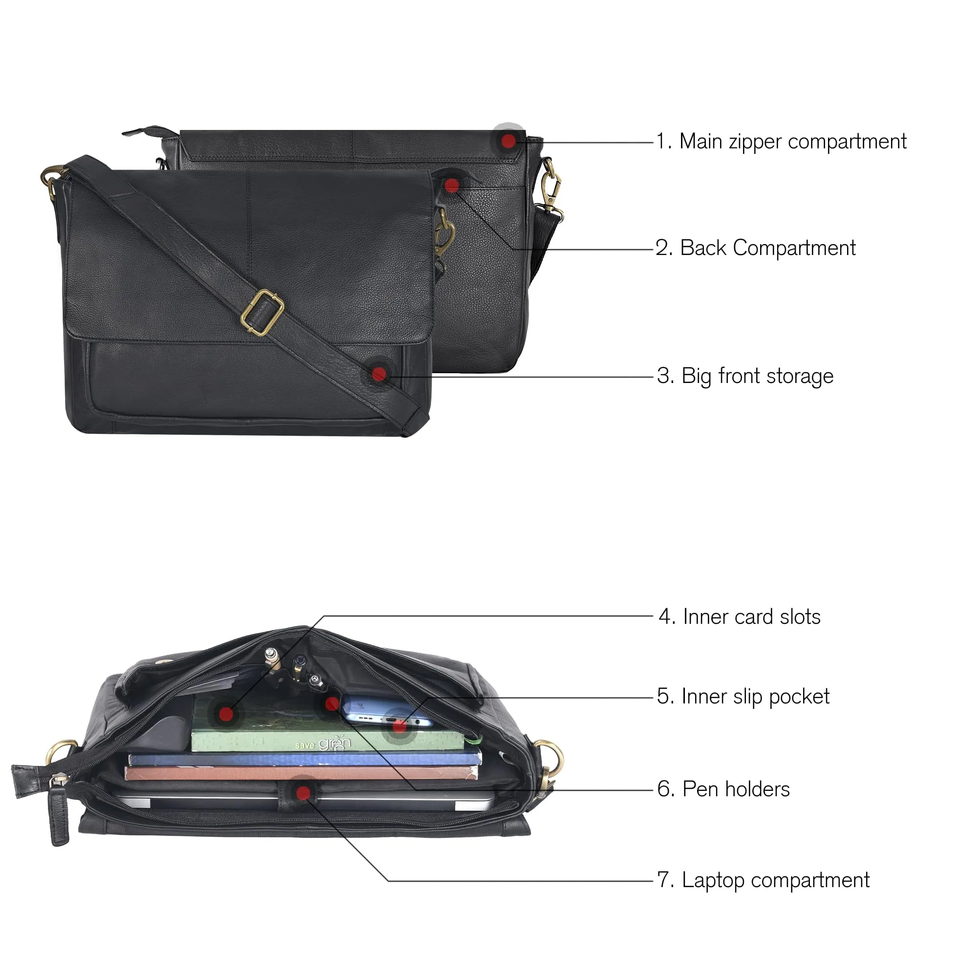 Leather Messenger Bag for Men and Women - Laptop Briefcase Bag For College, Office, Adjustable Shoulder Strap (Coal)