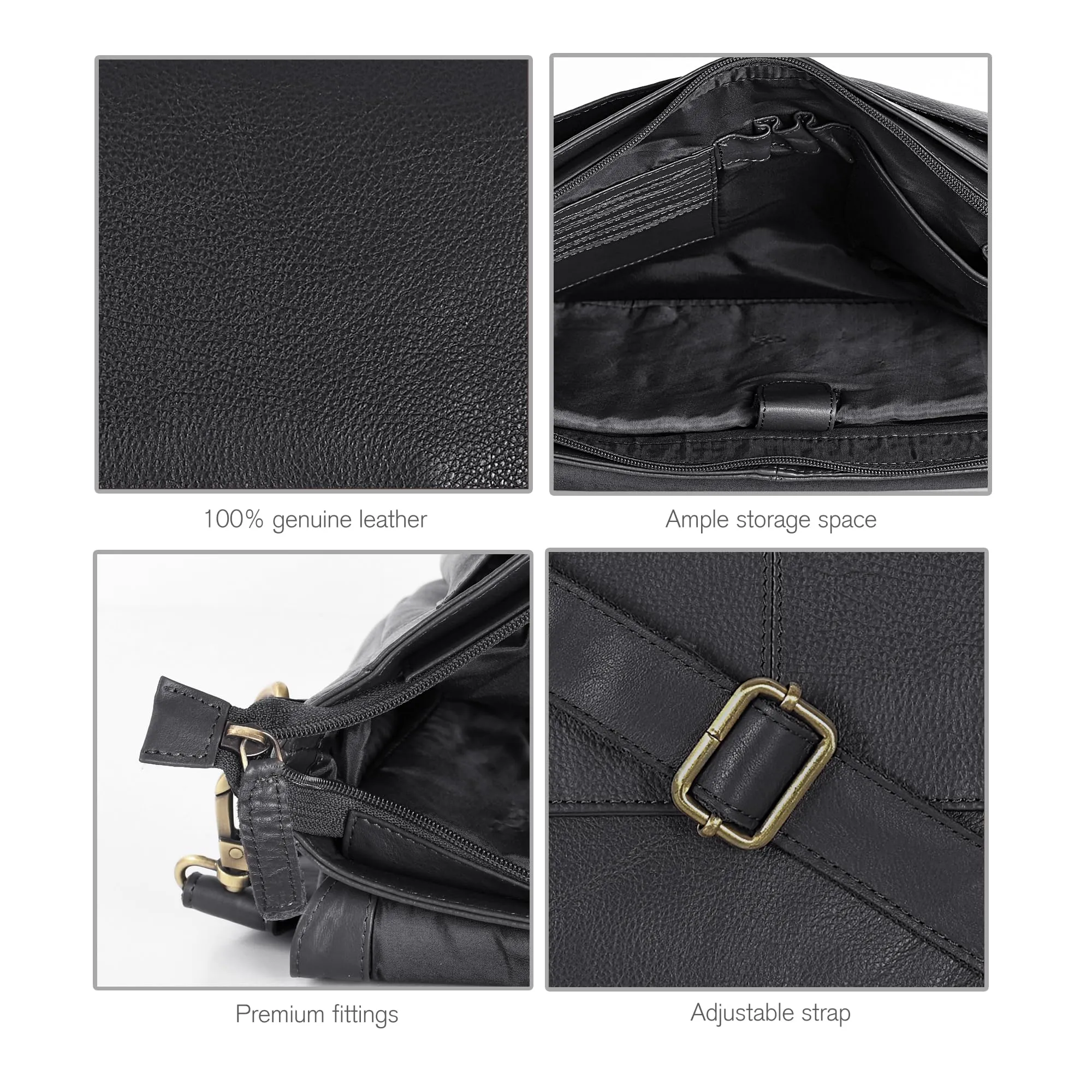 Leather Messenger Bag for Men and Women - Laptop Briefcase Bag For College, Office, Adjustable Shoulder Strap (Coal)