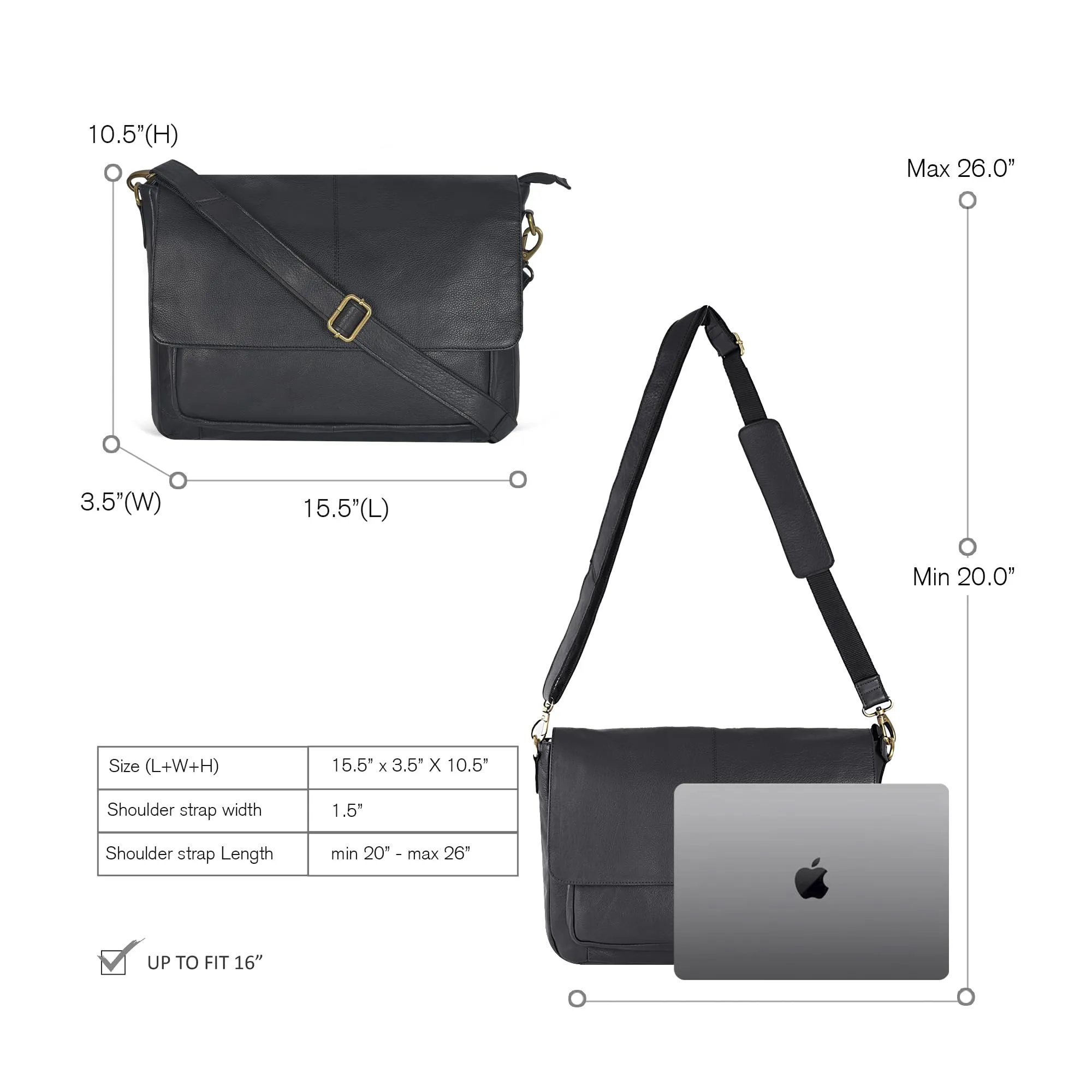 Leather Messenger Bag for Men and Women - Laptop Briefcase Bag For College, Office, Adjustable Shoulder Strap (Coal)