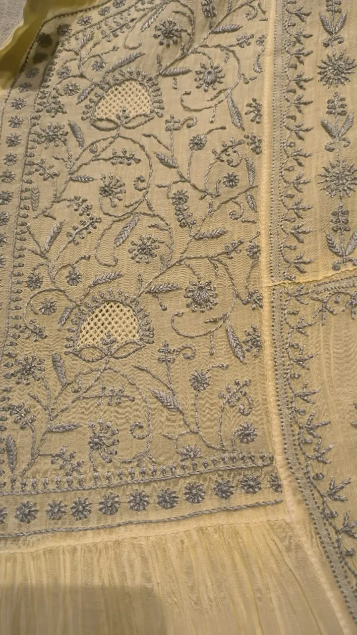 Lemon Yellow Chanderi Chikankari Semi Stitched Salwar Suit