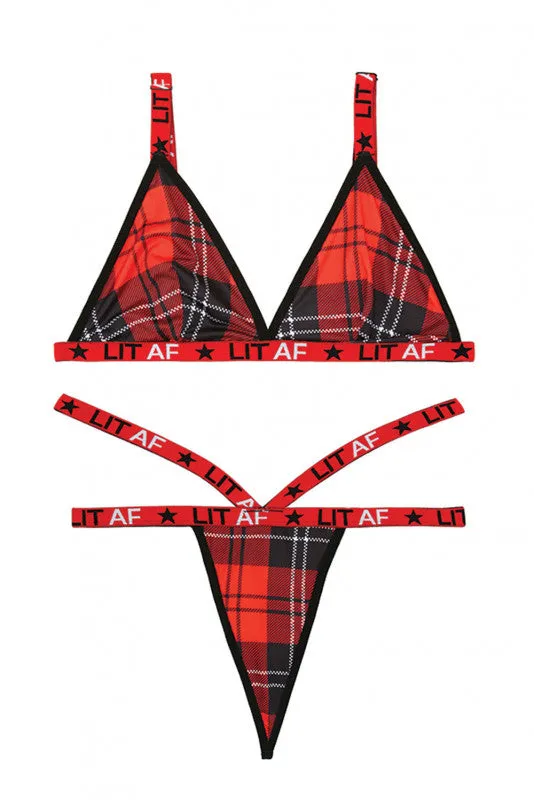 Lit Af Bralette and Thong Set - Red Plaid - S/m